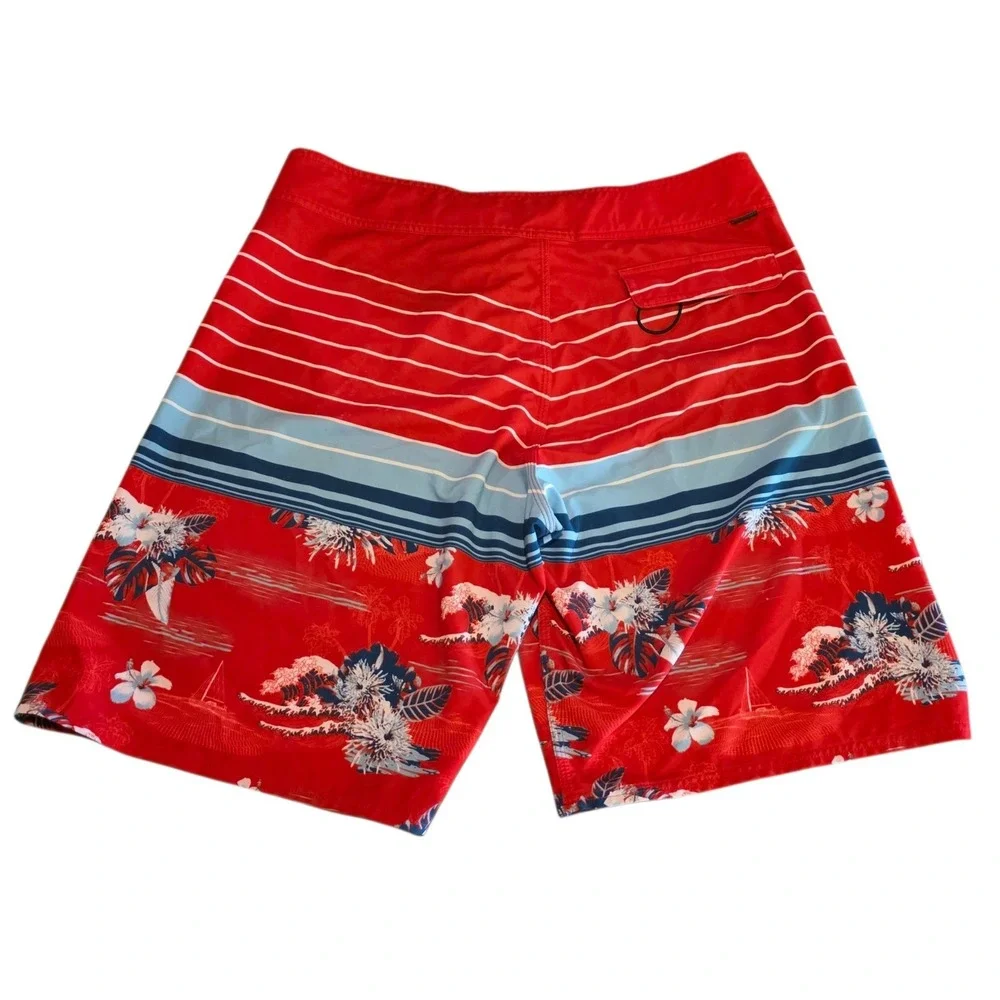 Oakley Mens‎ Red Floral Stripe Wave Board Shorts Swim Trunks Retro Size 33 NWOT
